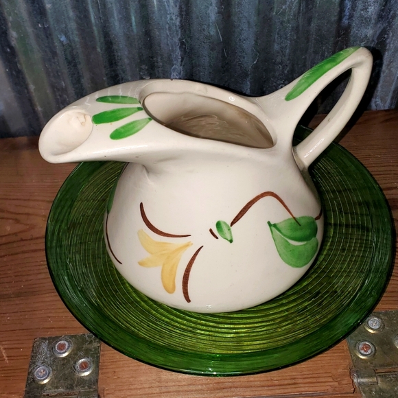Vintage Stylized Ceramic Pitcher & Optic Green Art Glass Platter - Picture 2 of 11